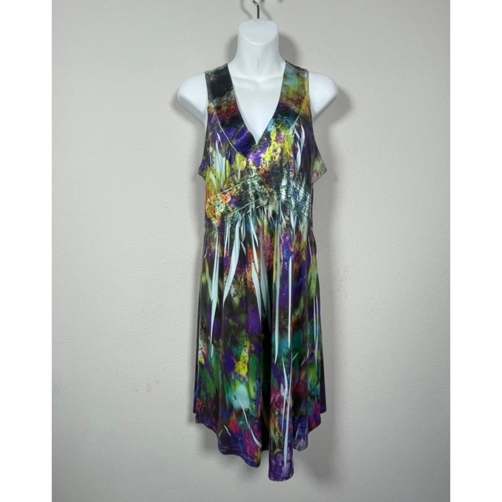 One World Dress Womens XL Multi Color Abstract Floral V-Neck Smocked Midi Boho